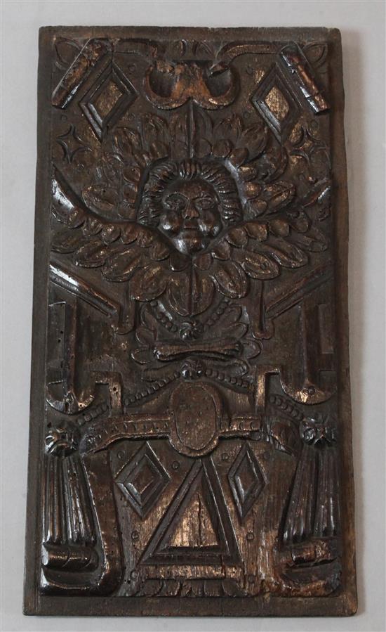 An 17th century oak panel, 19 x 10in.